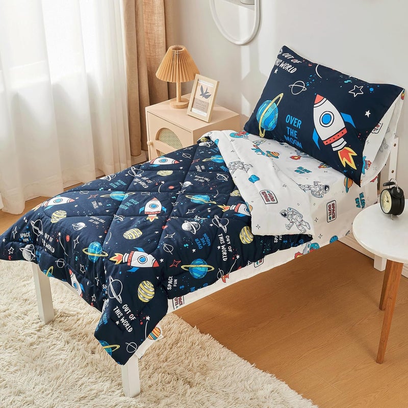 beeweed 2 Sides Design Rocket Toddler Comforter Set, 4 Pieces Space Ship Toddler Bedding Set Boys Girls, Includes Comforter, Fitted Sheet, Flat Sheet & Reversible Pillowcase - Image 1